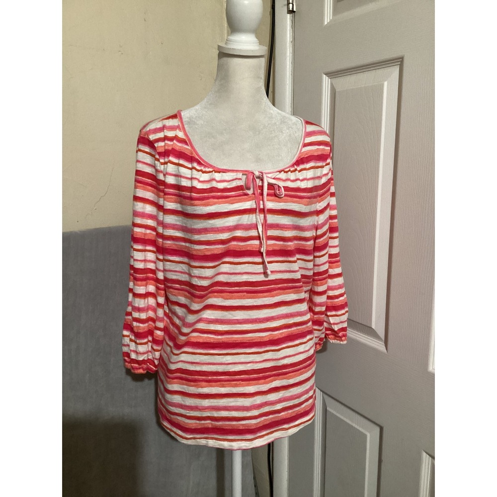 Talbots Petite Striped Square Neck Tie Front 3/4 Sleeve Blouse Top L P